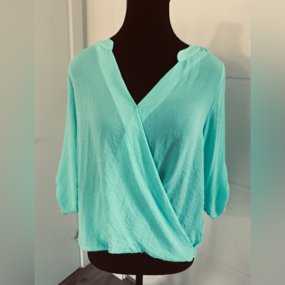 a.n.a Petite Turquoise faux wrap Blouse